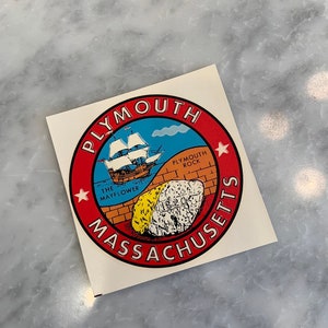 Plymouth MA Travel Decal 1960’s Souvenir Original Sleeve 3 1/2” x 3 1/2” Luggage Car Window