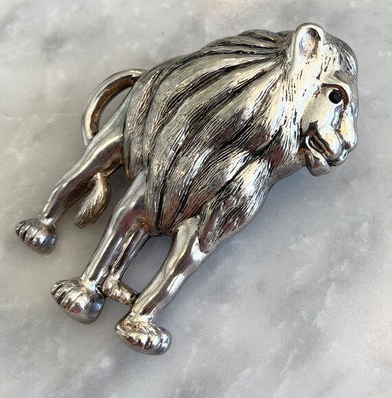 Lion Pendant Brooch Puffy Silver Plate Hollow Lar… - image 4