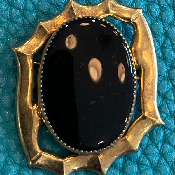 Catamore Brooch Black Stone 1/20th 14K Gold Plate Signed