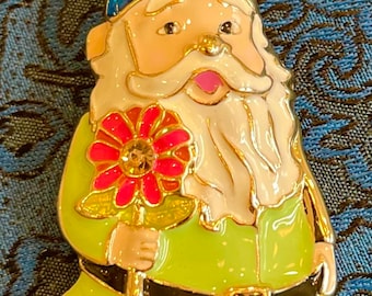 Gnome pendant Large Enamel Colorful Flowers Roman Original Card Purse Charm 3 1/4” Wearable Art