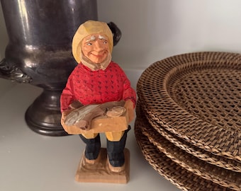 Vintage Henning Norway Hand Carved Wood Fisherman 8" Figurine Crate of Fish