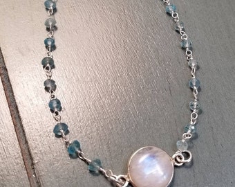 Apatite Bracelet: Sterling Silver, Mother of Pearl Center Stone