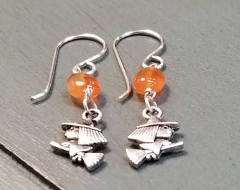 Halloween Witch Earrings: Orange Carnelian Gemstone, Silver Plated
