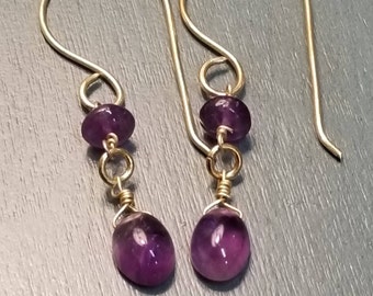 Amethyst Drop Earrings: Golden Brass, February Birthstone