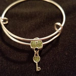 Silver Adjustable Bangle Charm Bracelet. / Heart Charm / Lock & Key Charm / Bangle Bracelet / Key Charm