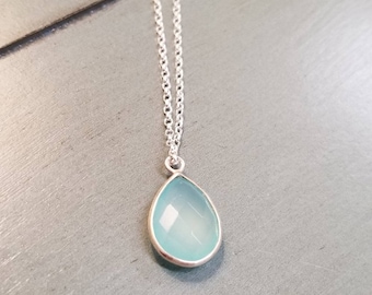 Sterling Silver Aqua Chalcedony Teardrop Necklace