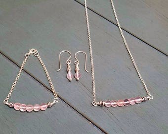 Sterling Silver Rose Quartz Jewelry Set: Rolo Chain Necklace, Bracelet, Earrings