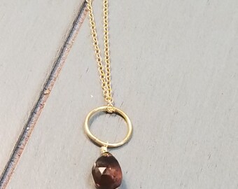 Gold Filled Smokey Quartz Necklace: Briolette Gemstone Circle Pendant