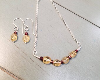 Sterling Silver Citrine Garnet Bracelet and Earrings Set