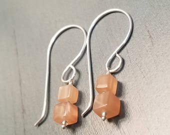 Sterling Silver Peach Moonstone Earrings: Cube Jewelry