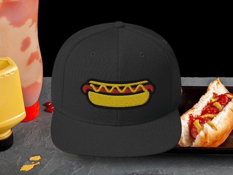 Hotdog Premium Snapback Hat, Embroidered Baseball Cap Foodie Hot Dog Snapback Hat Food Cap 4th of July Hat Baseball Cap Hotdog Cap image 2