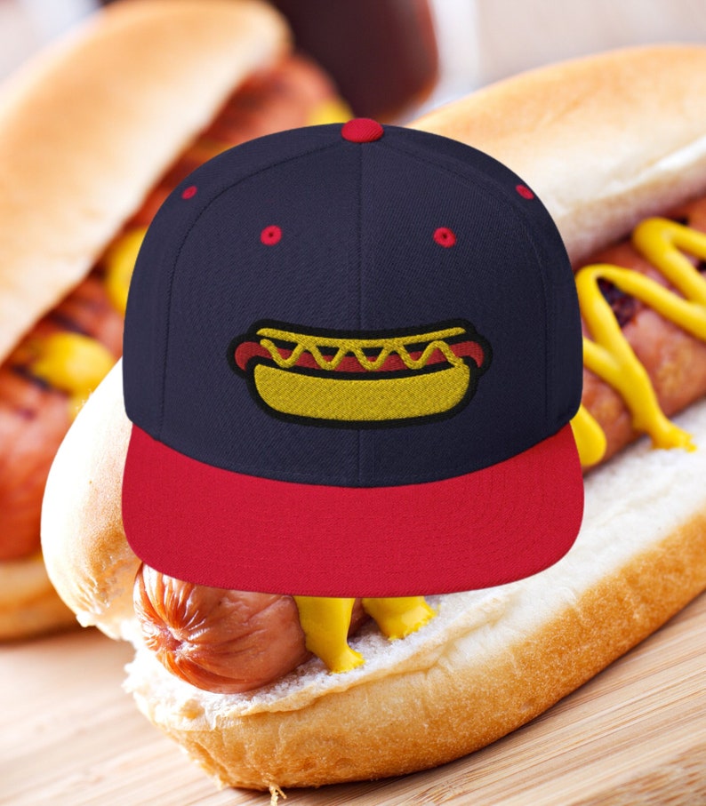 Hotdog Premium Snapback Hat, Embroidered Baseball Cap Foodie Hot Dog Snapback Hat Food Cap 4th of July Hat Baseball Cap Hotdog Cap image 3