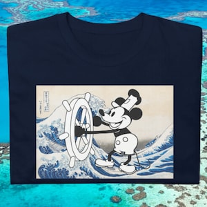 Steamboat Willie T-Shirt, Willy vintage retro The Great Wave off Kanagawa magical mouse 1928 animation nautical Adult Walt 100 Years Mickey