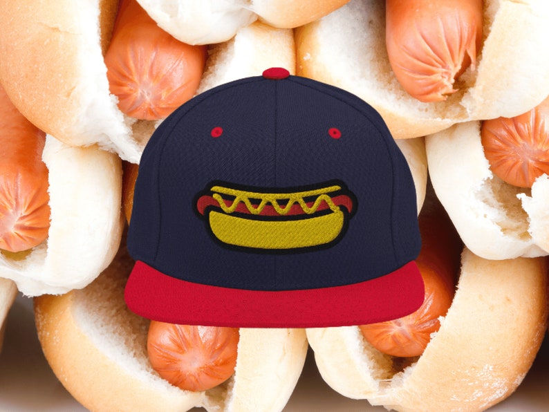 Hotdog Premium Snapback Hat, Embroidered Baseball Cap Foodie Hot Dog Snapback Hat Food Cap 4th of July Hat Baseball Cap Hotdog Cap image 1