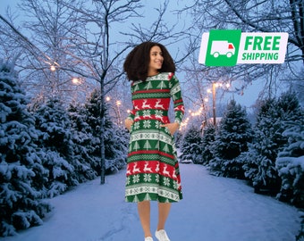 Ugly Sweater Christmas Dress, Holiday Skirt XMas Sweatshirt Funny Gift Vintage Outfit Adult Holiday All Over Festive Pockets Long Sleeve