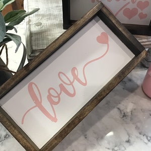 Mini Valentines Day sign | LOVE HEART PINK | Small Sign Tier Tray | Tiered Tray Sign | Valentine Decor | Framed Sign | Oblong Framed Sign