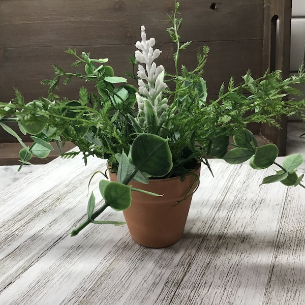 Mini Farmhouse SPRING Terra Cotta Floral Arrangement | Farmhouse Spring Decor | Small Greenery | Table Arrangement | Rustic Greenery