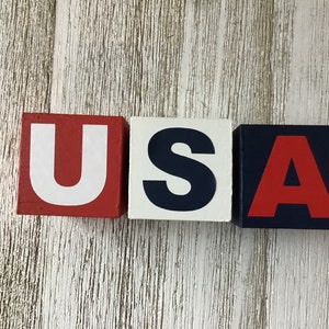 Fourth of July &quot;USA&quot; wood blocks | Patriotic Tiered Tray| July 4th Farmhouse decor | 4th of July sign | Tiered Tray Decor | July 4th Decor
