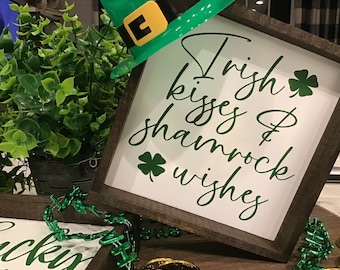 St. Patricks Day Sign | Irish Kisses & Shamrock Wishes | Sign Tier Tray | Tiered Tray | St Patricks Day Decor | Framed Sign | 6" x 6" Sign
