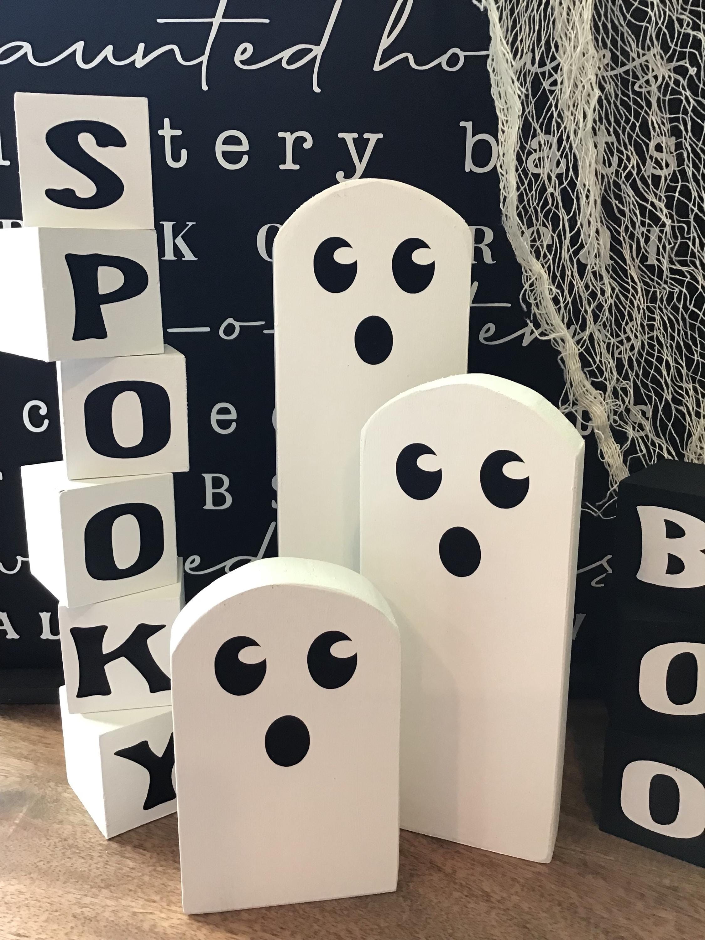 3 Décorations Halloween En Bois - Fantômes Mignons Noir Et Blanc - Pour Table, Cheminée, Porte - Ornements De Fête - 2