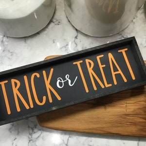Trick or Treat Self Standing Sign | Halloween Decor | Shelf Sitter Sign | Tiered Tray | Farmhouse Decor | Framed Sign | Wood Framed Sign
