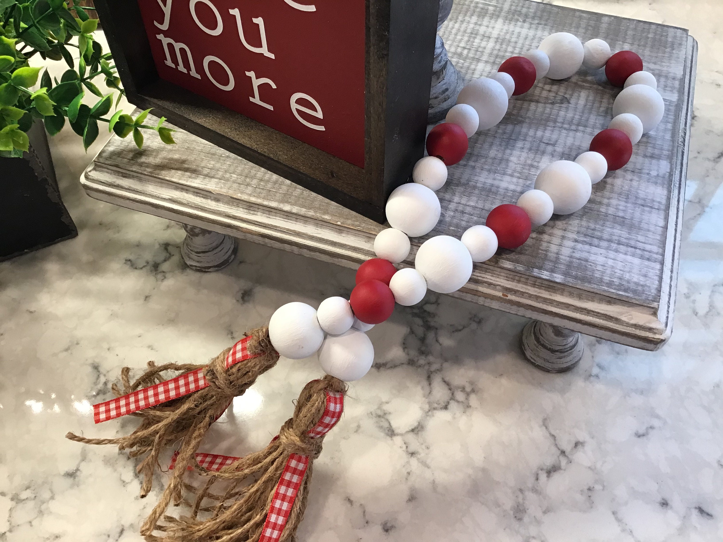 Rae Dunn Inspired Valentine's Day Heart Red White Farmhouse Wood Bead  Garland