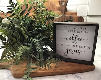 COFFEE and JESUS Wood Sign| Coffee Wood Sign| Tiered Tray Sign | Farmhouse Decor | Coffee Bar | Framed Sign | Rae Dunn | 6" x 6" Framed Sign