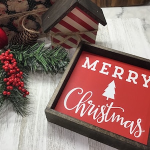 MERRY CHRISTMAS (RED) Wood Sign | Christmas Sign | Tiered Tray | Self Standing | Christmas Decor | Rae Dunn Inspired | 6" x 6" Framed Sign
