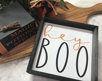 Halloween "HEY BOO" Sign | Halloween Sign | Tiered Tray | Halloween Decor | 6x6 Wood Sign | Farmhouse Decor | Coffee Bar Decor