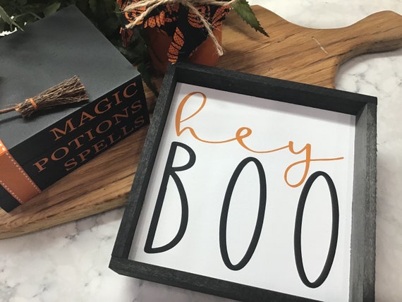 Halloween "HEY BOO" Sign | Halloween Sign | Tiered Tray | Halloween Decor | 6x6 Wood Sign | Farmhouse Decor | Coffee Bar Decor