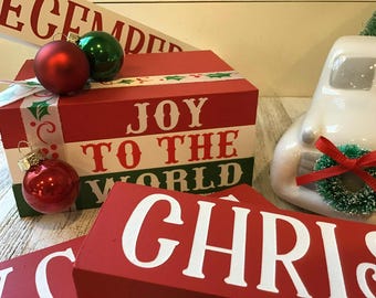 Christmas Mini Wooden Book Stack "Joy To The World" | Decor Mini Book Set | Christmas Decor | Tiered Tray Decor | Wood Book Set