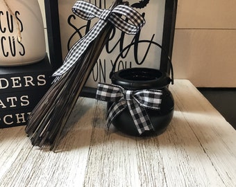 Mini Halloween Witch Broom with Black Check Bow and Ribbon | Tiered Tray Mini Broom| Halloween Decor | Witch Broom | Halloween Decor