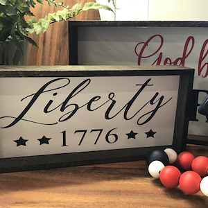 Fourth of July LIBERTY 1776 wood sign |Rae Dunn Inspired | Sign Tier Tray | Tiered Tray | Fourth of July Decor | Framed Sign | Oblong Sign