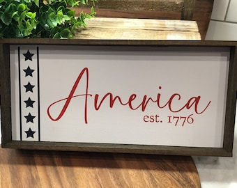America est. 1776 Wood Sign | Patriotic Tiered Tray Decor