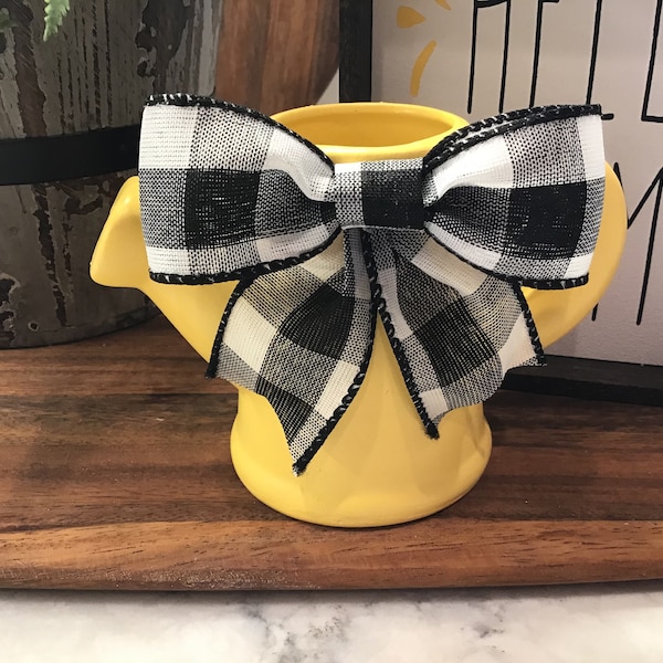 Farmhouse Mini Ceramic Yellow Watering Can w/ Black Checkered Ribbon | Tiered Tray Decor | Tiered Tray Display | Farmhouse Decor