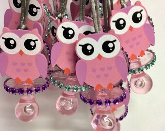 Owl pink with mint baby shower pacifier/owl pink baby shower favors/owl pink baby showe necklace game/owl pink -mint -purple baby shower(10