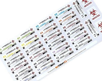 Pegatinas de viales de hongos y parásitos de Resident Evil de Umbrella Corporation (12 x 38 mm)