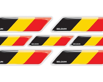 May include: Six black, yellow, and red Belgian flag decals with the word "BELGIUM" printed on each.
