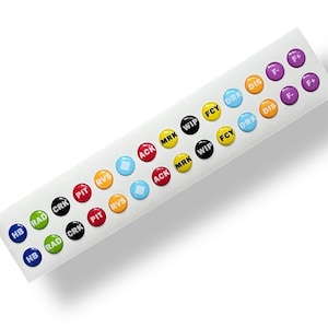 May include: A strip of colorful, round stickers with various abbreviations printed on them. The stickers are in shades of blue, green, red, yellow, orange, purple, and black. The text includes abbreviations like HB, RAD, CRK, PIT, RVS, ACK, MRK, WIP, FCY, DRK, DIS, F-, and F+.