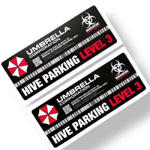 2 stuks Umbrella Corporation Hive Parking Level 3 Resident Evil Vinyloverdrukplaatjesticker: