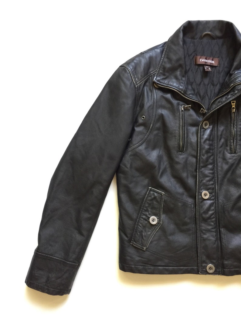 Danier Black Leather Moto Racer Cafe Jacket Quilted Interior Distressed Medium