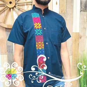 Navy Blue Star Stripe Shirt - Embroider Men Shirt - Guayabera Hombre - Mexican Shirt - 5 de Mayo