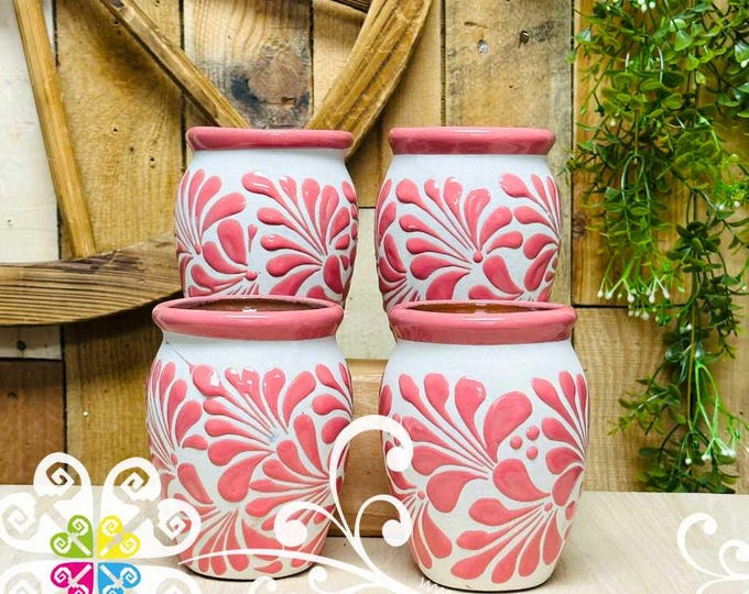 Set of Pink Espiga Plumeado Cantarito Cup - Set Clay Cantarito - Cielito Lindo Theme