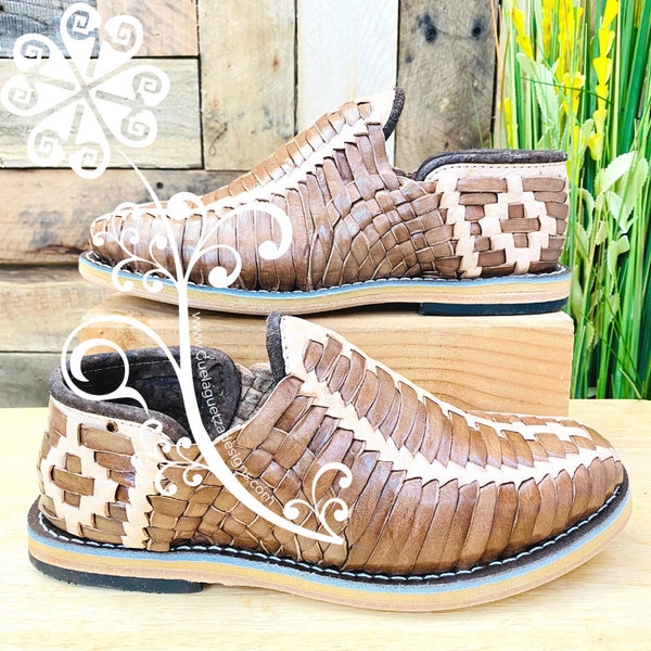 Brown with Beige Tejido Leather Mexican Shoes - Authentic Huaraches