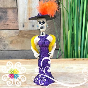 Purple Little Clay Catrina - Catrina Brillantina - Day of the Dead Decor