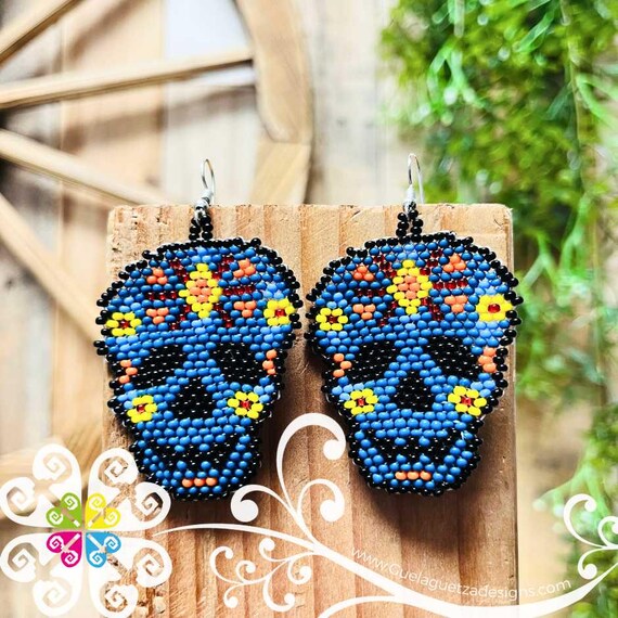Beaded Sugar Skull Earrings - Day of the Dead Earrings - Handmade