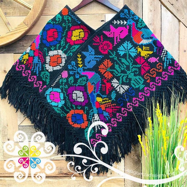 Black Peacock Design Embroider Poncho - Mañanita - Mexican Poncho