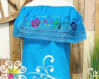 Blue Turquoise Campesina Embroider Women Top