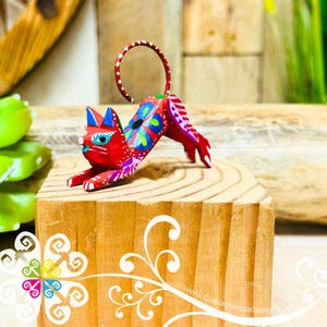 Mini Stretching Cat Alebrije - Handmade Wood Figure - Stocking Gift - Unique Gift - Mexican Alebrije