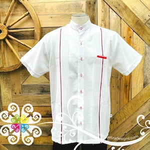 White with Red Lines Picuela Guayabera - Short Sleeve Linen Guayabera - Mexican Guayabera - Guayabera de Lino